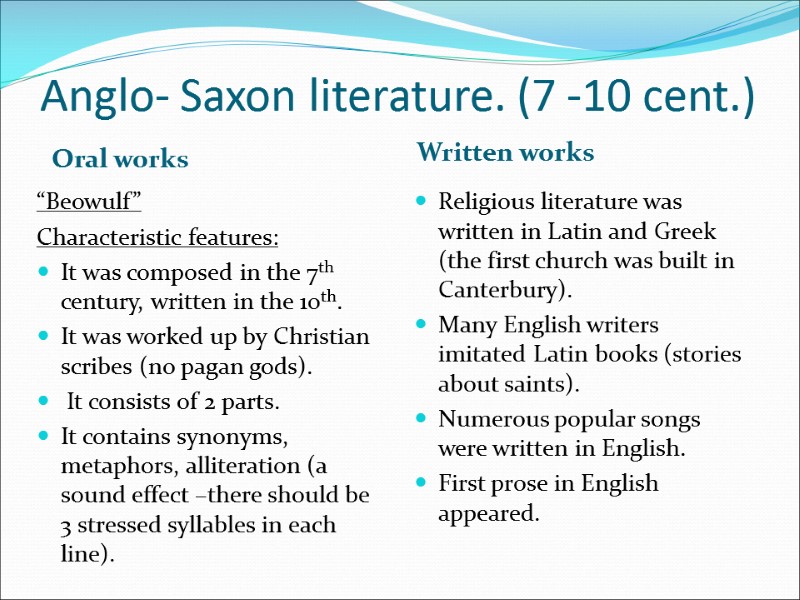 Anglo- Saxon literature. (7 -10 cent.)  Oral works Written works “Beowulf” Characteristic features:
